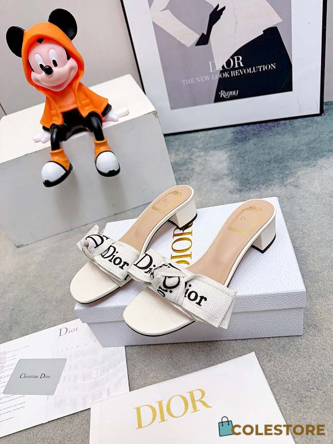 Colestore Dior J'Adior Heeled Slide Ivory Embroidered Cotton  3.5 cm - 1