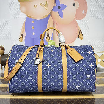 Colestore Louis Vuitton Keepall Bandoulière 50 Blue Monogram Denim Flowers 50 x 29 x 23 cm