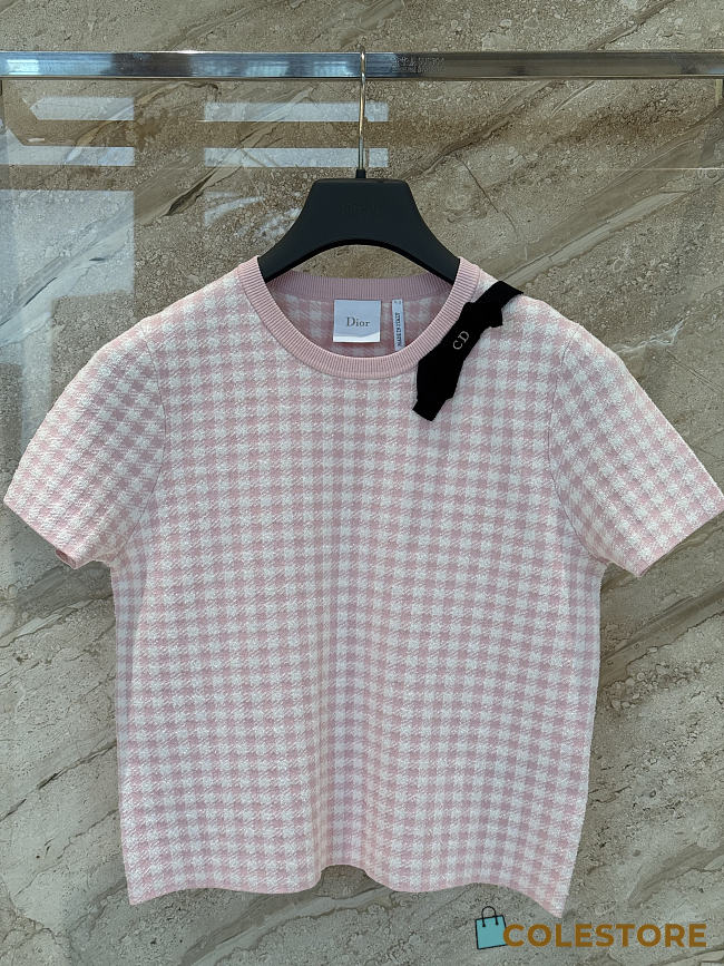 Colestore Dior Dioriviera Short-Sleeved Top featuring a Vichy motif and a black grosgrain bow Pink - 1