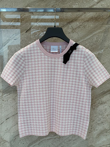 Colestore Dior Dioriviera Short-Sleeved Top featuring a Vichy motif and a black grosgrain bow Pink
