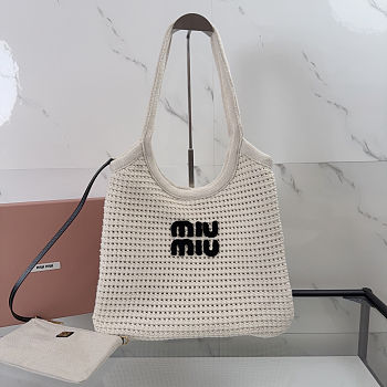 Colestore Miu Miu Ivy raffia-effect woven tote bag Chalk White/Black 35 x 40 cm