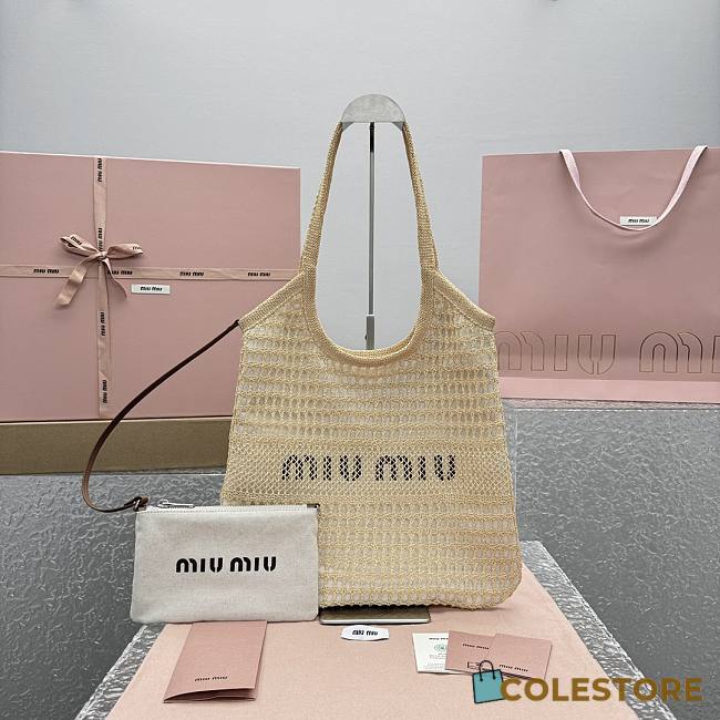 Colestore Miu Miu Ivy raffia-effect and linen bag Natural 34x40x60cm - 1