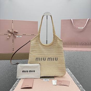 Colestore Miu Miu Ivy raffia-effect and linen bag Natural 34x40x60cm