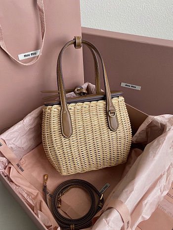 Colestore Miu Miu Wicker And Leather Handbag In Tan/caramel 15x20x8.5cm