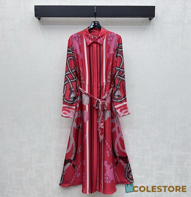 Colestore Hermes Rope Print Silk Belted Dress Pink - 1