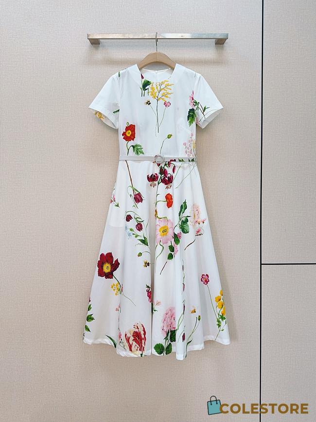 Colestore Oscar de la Renta Cap Sleeve Mixed Botanical Cotton Poplin Dress - 1