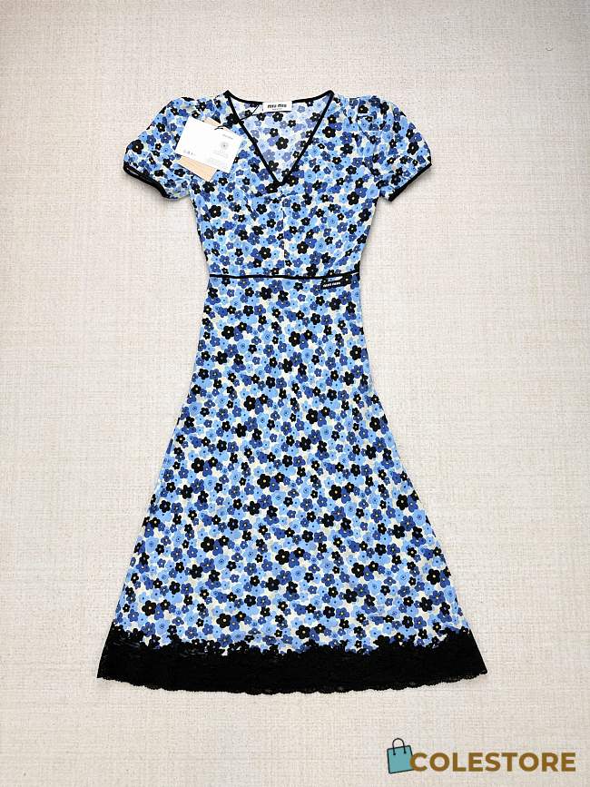 Colestore Miu Miu Crêpe De Chine Dress Ivory/Light Blue - 1