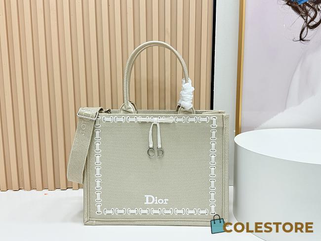 Colestore Dior Medium Dior Book Tote with Strap Beige Embroidery and White Woven Grosgrain Ribbon (36 x 27.5 x 16.5 cm) - 1