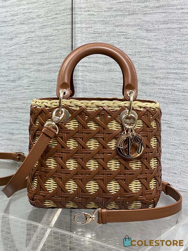 Colestore Dior Medium Lady Dior Bag in Natural Rattan & Brown Matte Calfskin Cannage 24cm - 1