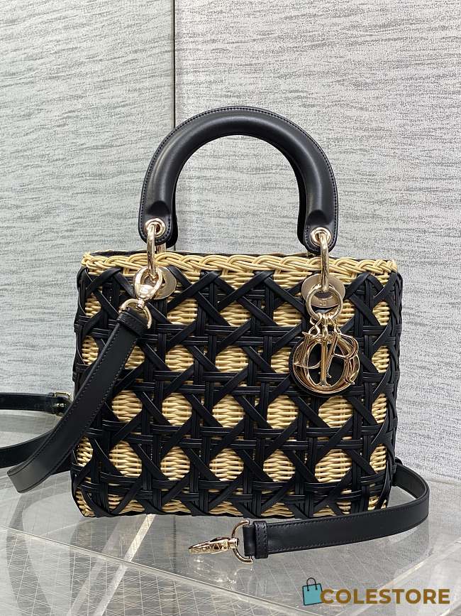 Colestore Dior Medium Lady Dior Bag in Natural Rattan & Black Matte Calfskin Cannage 24cm - 1