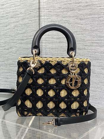 Colestore Dior Medium Lady Dior Bag in Natural Rattan & Black Matte Calfskin Cannage 24cm