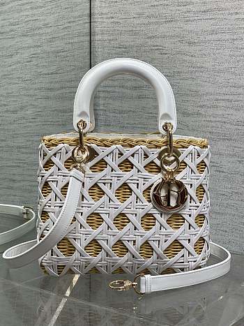 Colestore Dior Medium Lady Dior Bag in Natural Rattan & White Matte Calfskin Cannage 24cm
