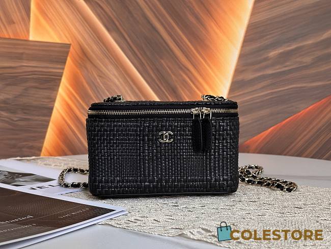 Colestore Chanel Classic Long Vanity with Chain   Braided Raffia & Gold-Tone Metal  Black 9.5 x 17 x 8cm - 1