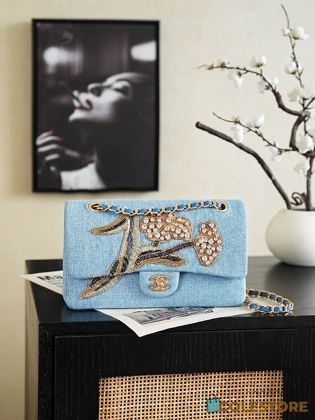 Colestore Chanel 2026 Métiers d’art   Classic 11.12 Handbag   Embroidered Denim, Glass Beads, Strass & Gold-Tone Metal  Blue, Gold & Green  15.5 x 25.5 x 6.5cm - 1