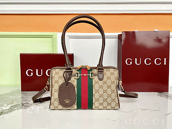 Colestore gucci Borsetto Medium Boston Bag Sand and dark brown GG canvas 28 x 15 x 10 cm