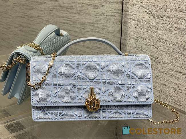 Colestore Dior Or My Dior Mini Bag Ice Blue Microbead-Embroidered Cotton with Cannage Motif 21 x 11.5 x 4.5 cm - 1
