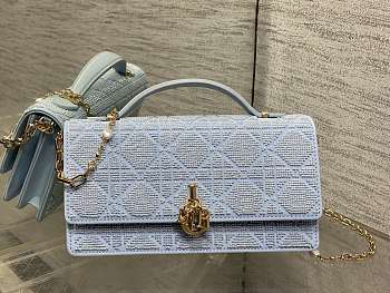 Colestore Dior Or My Dior Mini Bag Ice Blue Microbead-Embroidered Cotton with Cannage Motif 21 x 11.5 x 4.5 cm