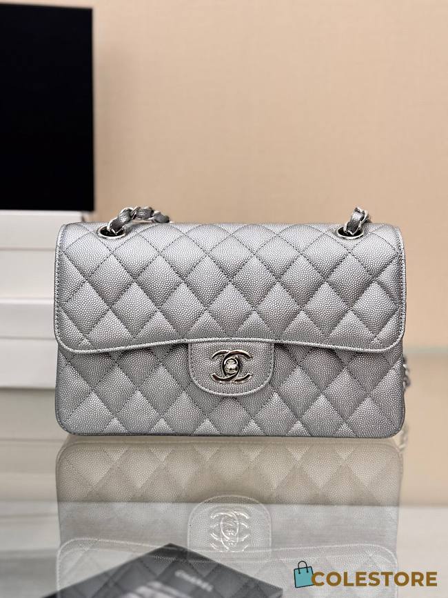 Colestore Chanel Classic Flap Bag Metallic Silver Caviar Leather with Silver Hardware 23cm - 1