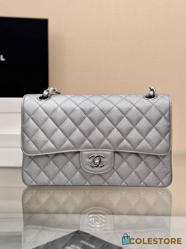 	 Colestore Chanel Classic Flap Bag Metallic Silver Caviar Leather with Silver Hardware 25cm - 1