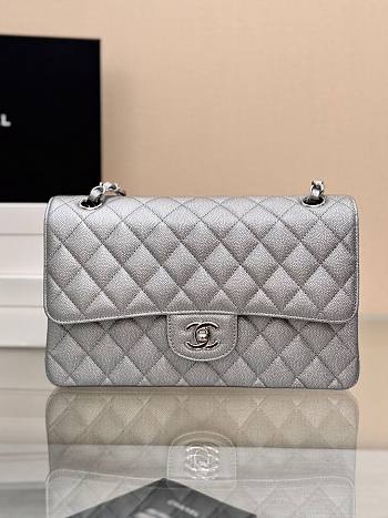 	 Colestore Chanel Classic Flap Bag Metallic Silver Caviar Leather with Silver Hardware 25cm
