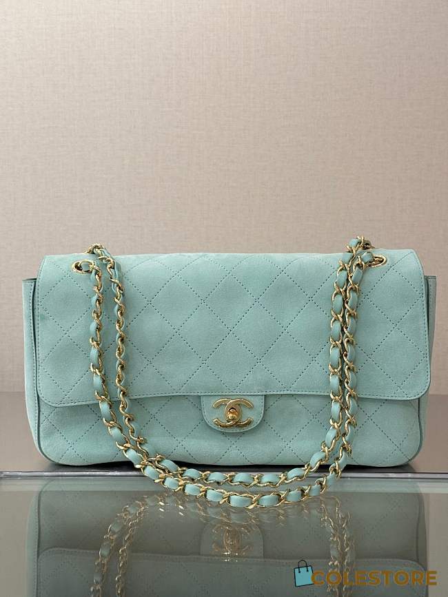 Colestore Chanel Large flap-top handbag Suede calfskin & Gold-plated metal Tiffany blue 19.5 x 32 x 10cm - 1