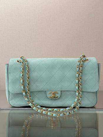 Colestore Chanel Large flap-top handbag Suede calfskin & Gold-plated metal Tiffany blue 19.5 x 32 x 10cm