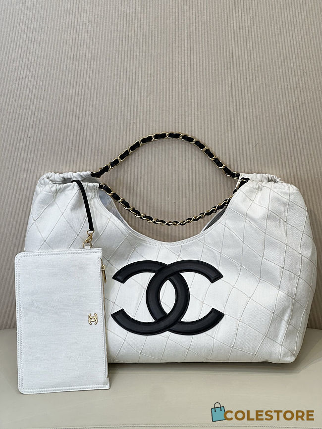 Colestore CHANEL Coco Beach 2026 Small Shopping Bag   Denim, Calfskin & Gold Metal  White & Black  20 x 43 x 17cm - 1
