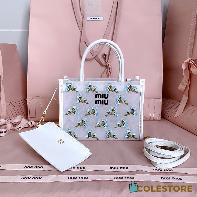 Colestore  Miu Miu White Embroidered Mesh Top-handle Bag 19.5x14x9cm - 1