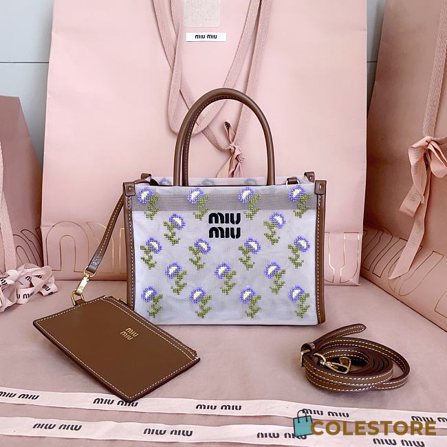 Colestore  Miu Miu Cognac Embroidered Mesh Top-handle Bag 19.5x14x9cm - 1