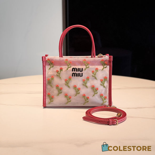Colestore  Miu Miu Red Embroidered Mesh Top-handle Bag 19.5x14x9cm - 1