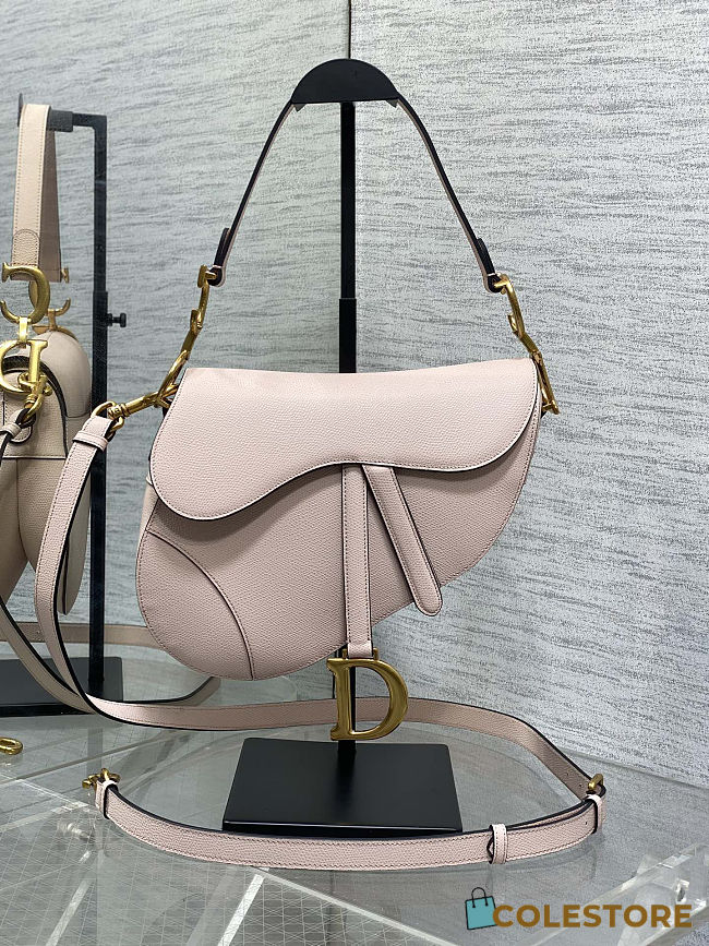 Colestore Dior Saddle Bag with Strap Powder Pink Grained Calfskin 25.5×20×6.5cm - 1