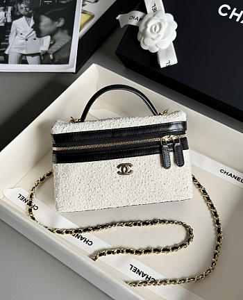 Colestore Chanel Coco Beach Top Handle Long Vanity Case with Chain Ecru Tweed and Black Calfskin Gold Hardware 17x19.5x5.5cm