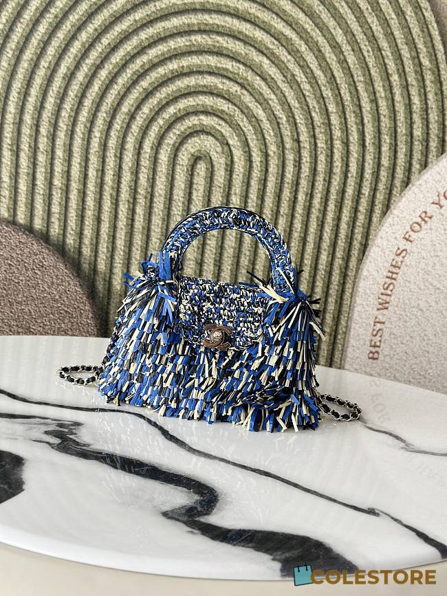Colestore Chanel Mini Shopping Bag Raffia-Effect Fabric, Wood & Gold-Tone Metal Blue, Light Beige & Black 13 x 19 x 7cm - 1
