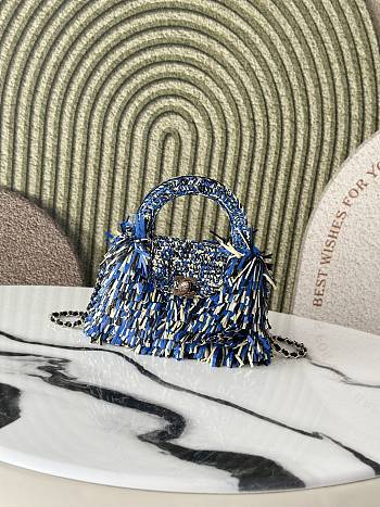 Colestore Chanel Mini Shopping Bag Raffia-Effect Fabric, Wood & Gold-Tone Metal Blue, Light Beige & Black 13 x 19 x 7cm