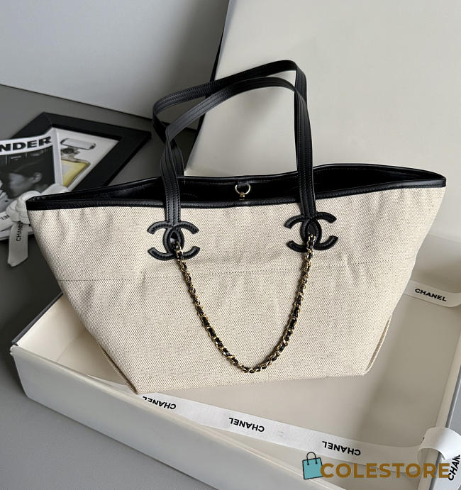 Colestore Chanel Small Shopping Bag   Canvas, Calfskin & Gold-Tone Metal  Ecru & Black  19 x 45 x 21cm - 1
