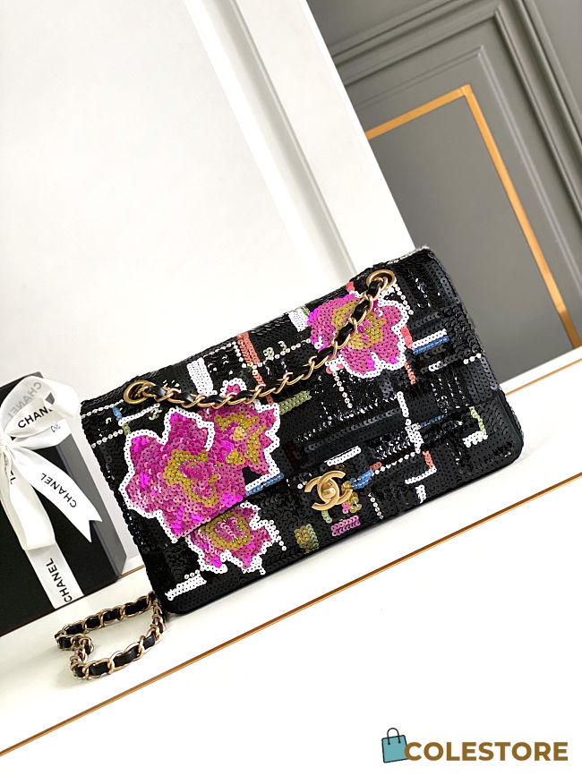 Colestore Chanel Classic 11.12 handbag Embroidered satin, sequins, glass pearls & ruthenium-finish metal, black, yellow & white 15.5×25.5×6.5cm - 1