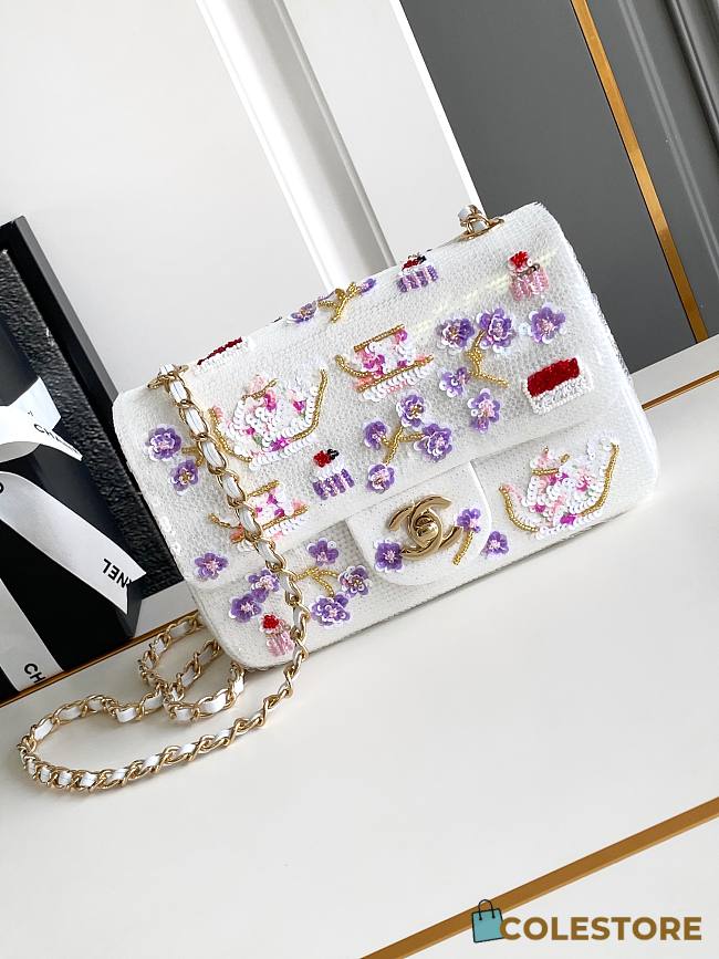 Colestore Chanel Mini Classic Handbag Embroidered Satin, Sequins, Glass Beads, Strass & Gold-Tone Metal White, Pink, Purple & Red 20cm - 1