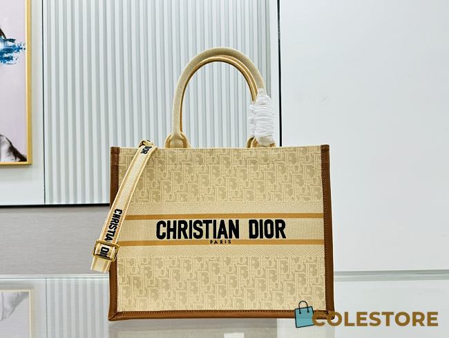 	 Colestore Dior Raffia Calfskin Oblique Embroidered Small Book Tote Beige Camel 26×12×21cm - 1