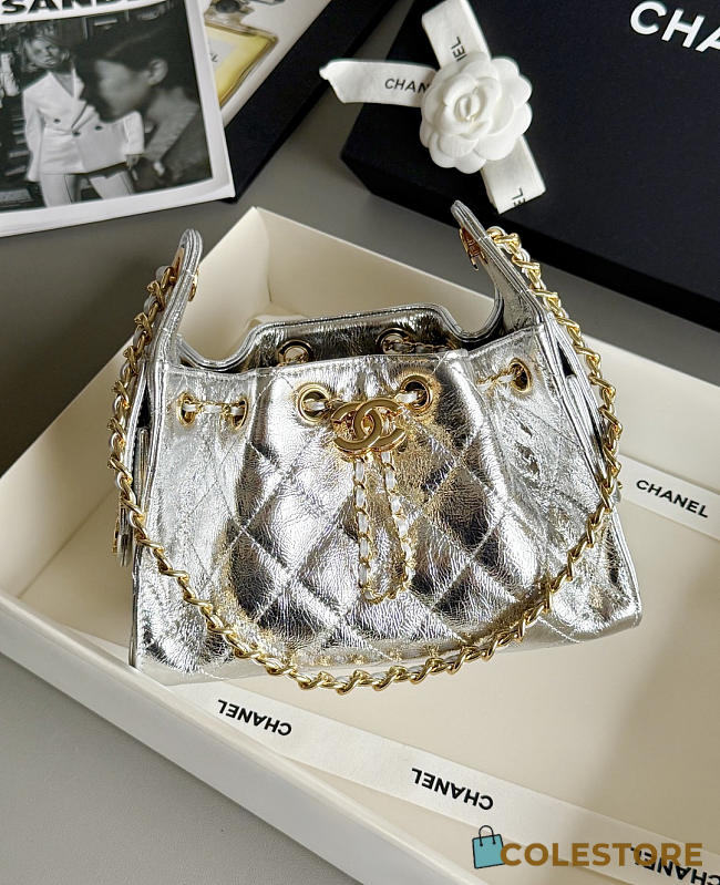 	 Colestore Chanel 25 Mini Handbag Metallic Calfskin & Gold-Tone Metal Silvery 22x20x12cm - 1