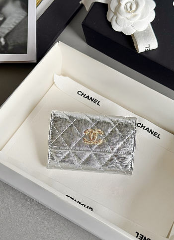 Colestore Chanel Flap Card Holder, grained shiny calfskin & gold-tone metal,Silvery 11x2x8cm