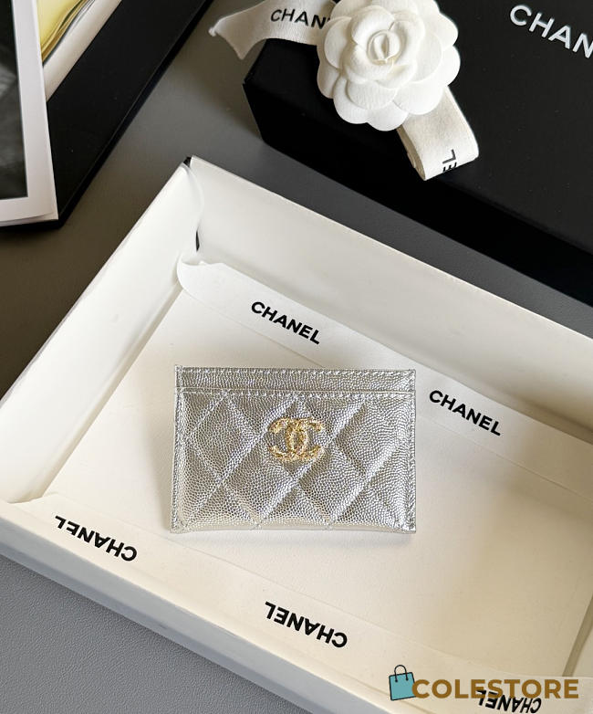 Colestore Chanel Classic Card Holder   Grained Calfskin & Gold-Tone Metal Silvery 11x0.5x8cm - 1