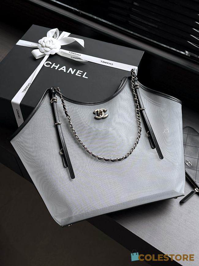 Colestore Chanel Large Shopping Bag   Mesh, Calfskin & Gold-Tone Metal  Transparent & Black 31x47x11cm - 1