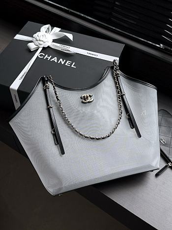 Colestore Chanel Large Shopping Bag   Mesh, Calfskin & Gold-Tone Metal  Transparent & Black 31x47x11cm