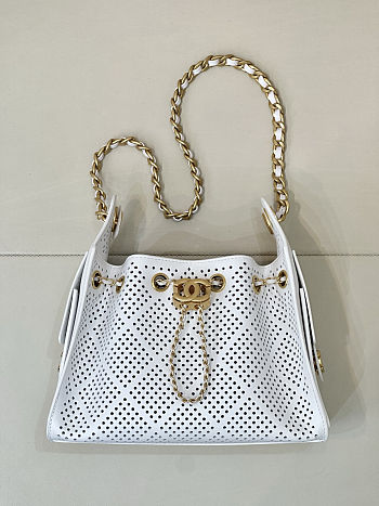 Colestore Chanel 25 Mini Handbag   Perforated Calfskin & Gold-Tone Metal  White  20 x 22 x 12.5cm