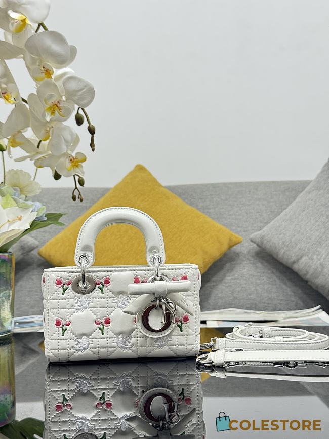Colestore Dior Dioramour Lady D-Joy Micro Bag White Cannage Lambskin Embroidered with Multicolor Doves & Roses Motif  16 x 9 x 5 cm - 1
