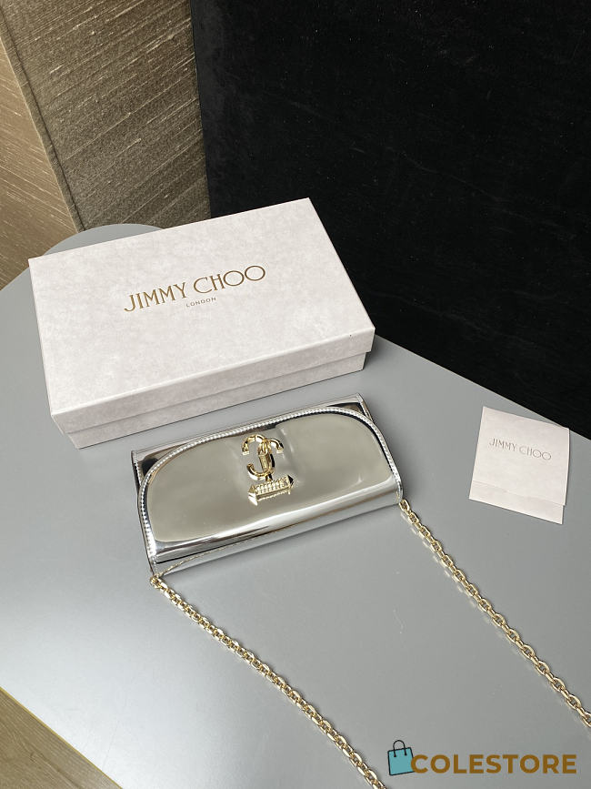 Colestore Jimmy Choo Curve Wallet With Chain Silver Metallic Leather Wallet with Chain 19x10.5x4cm - 1