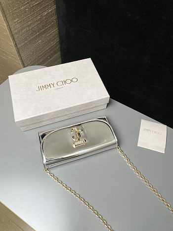 Colestore Jimmy Choo Curve Wallet With Chain Silver Metallic Leather Wallet with Chain 19x10.5x4cm