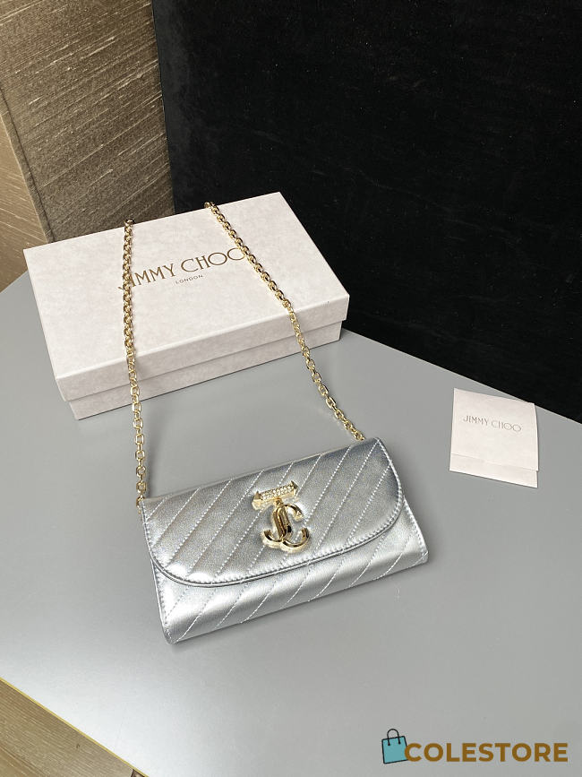 Colestore Jimmy Choo Curve Wallet With Chain Silver Quilted Metallic Nappa Leather Wallet with Chain 19x10.5x4cm - 1
