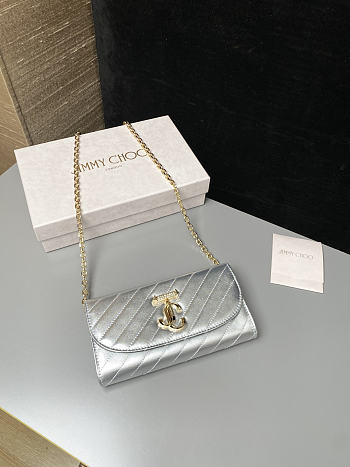 Colestore Jimmy Choo Curve Wallet With Chain Silver Quilted Metallic Nappa Leather Wallet with Chain 19x10.5x4cm