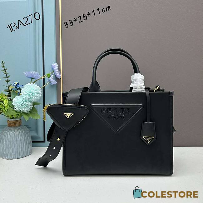 Colestore Prada Triangle Logo Black Leather Tote 33x25x11cm - 1